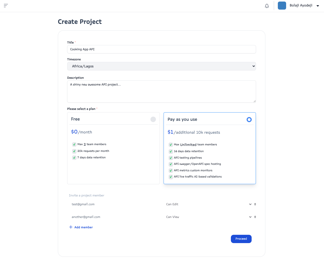 Screenshot of APItoolkit's create new project page