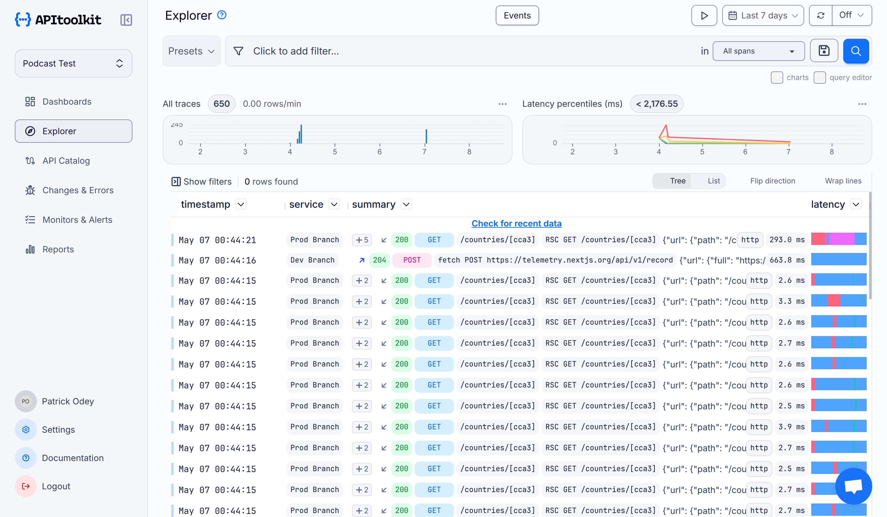 Screenshot of APItoolkit’s API log explorer page