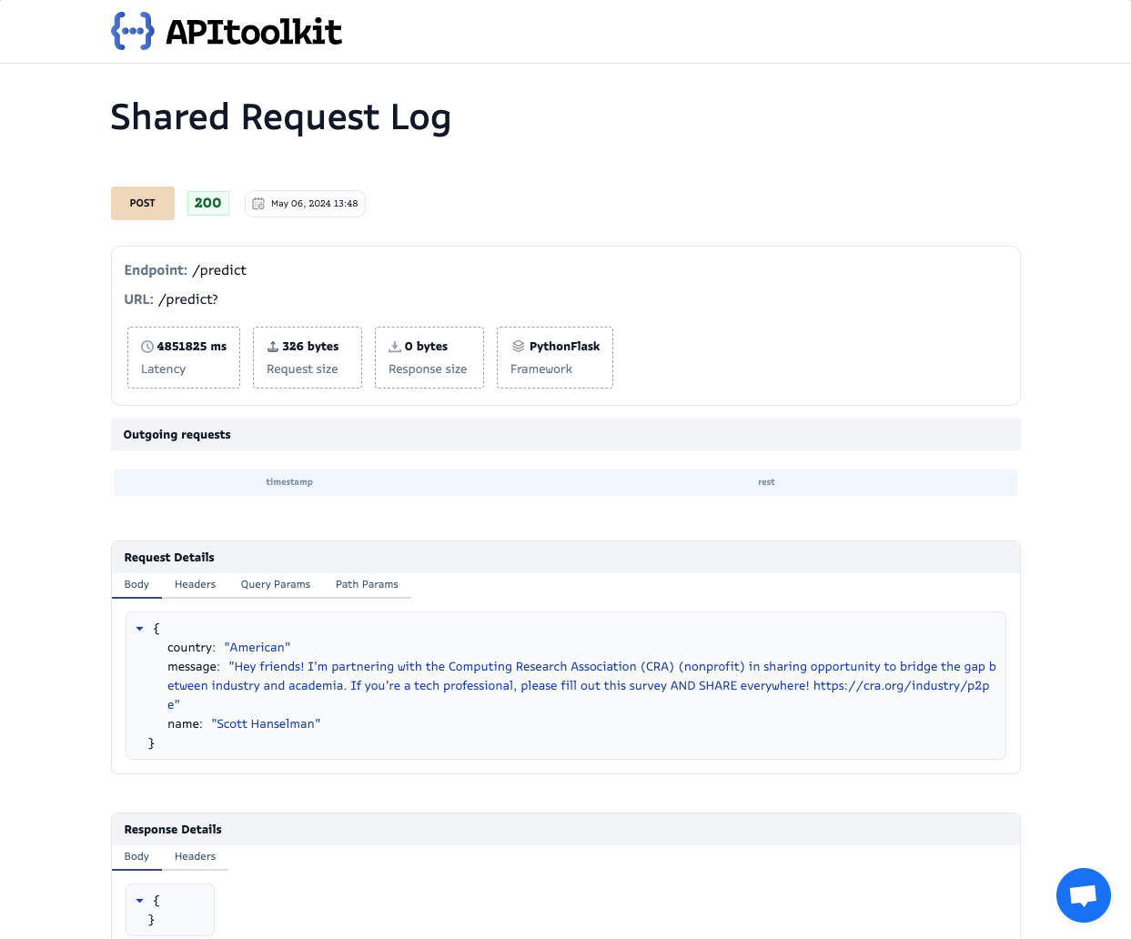 Screenshot of APItoolkit's API log explorer page