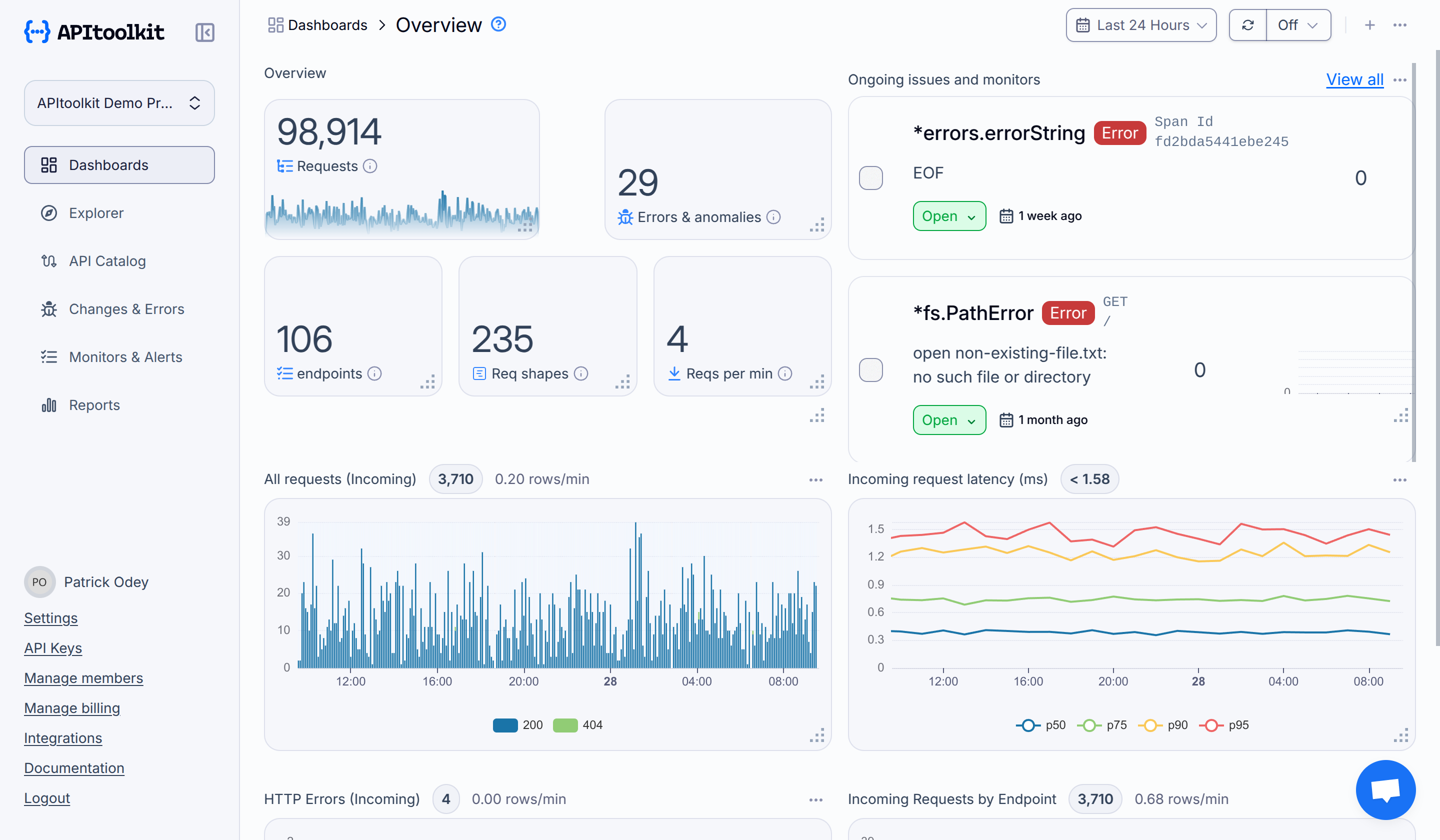 Screenshot of APItoolkit's dashboard page
