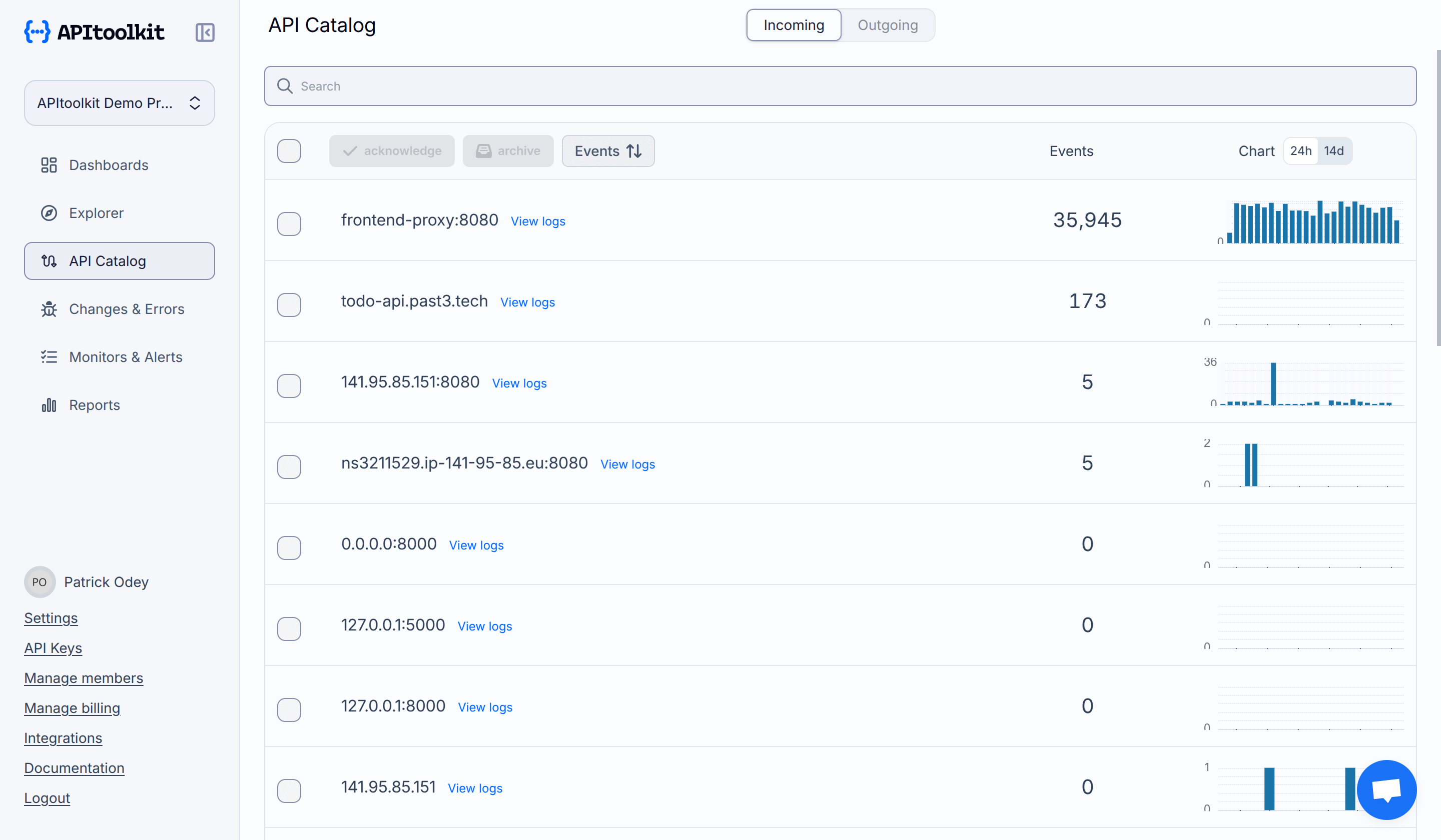 Screenshot of APItoolkit dashboard