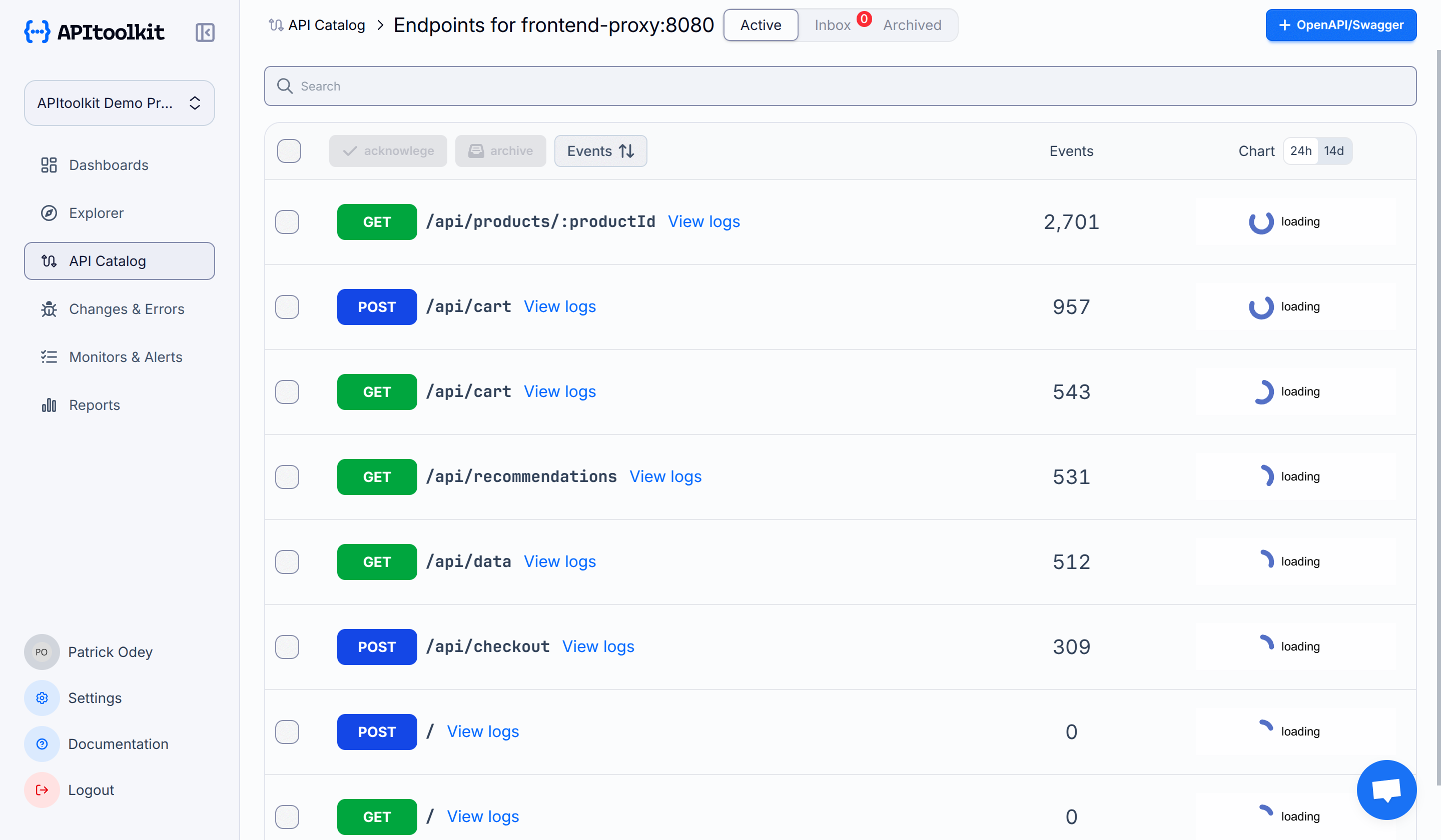 Screenshot of APItoolkit's endpoints page