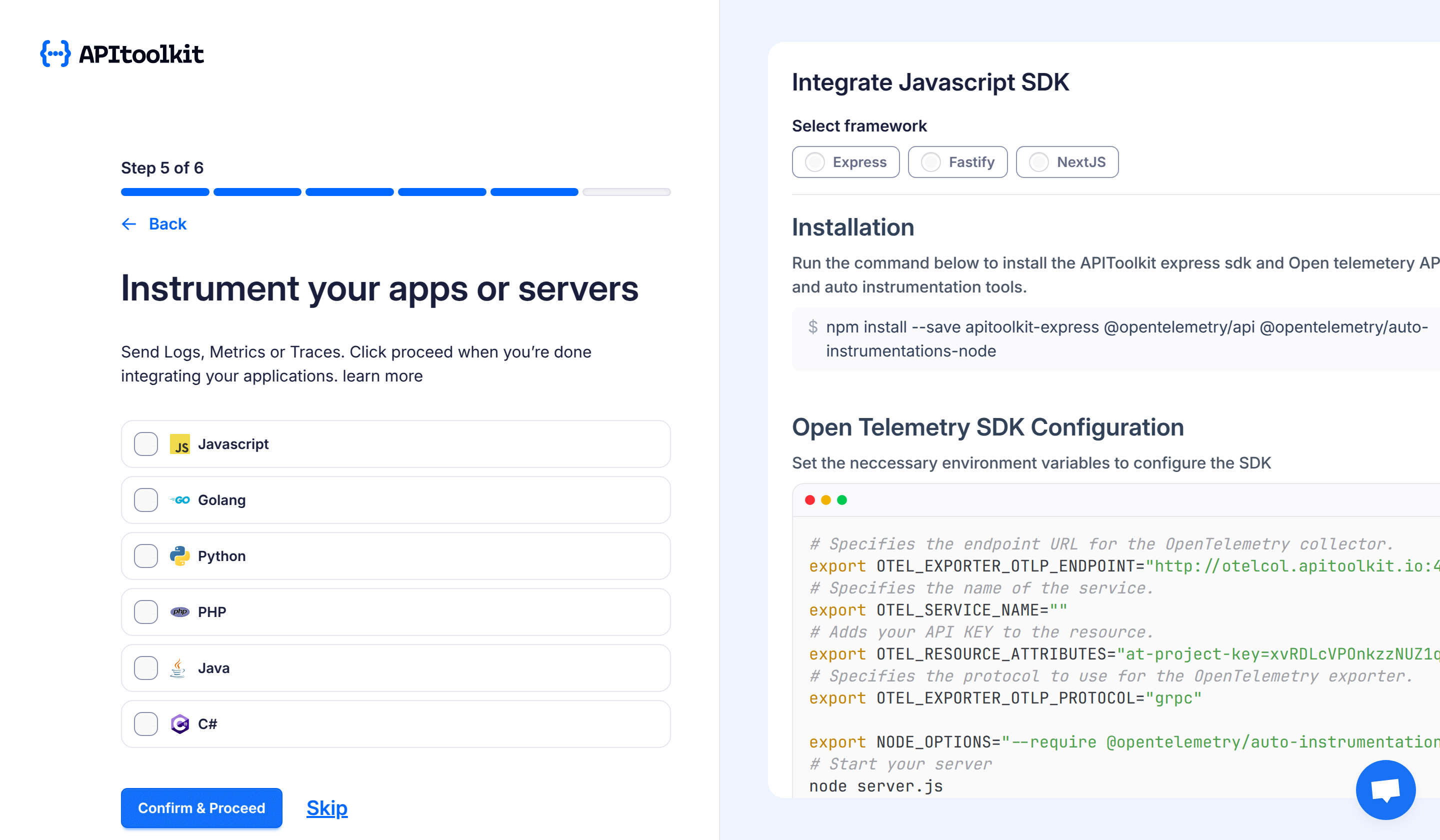 Screenshot of APItoolkit's get started page