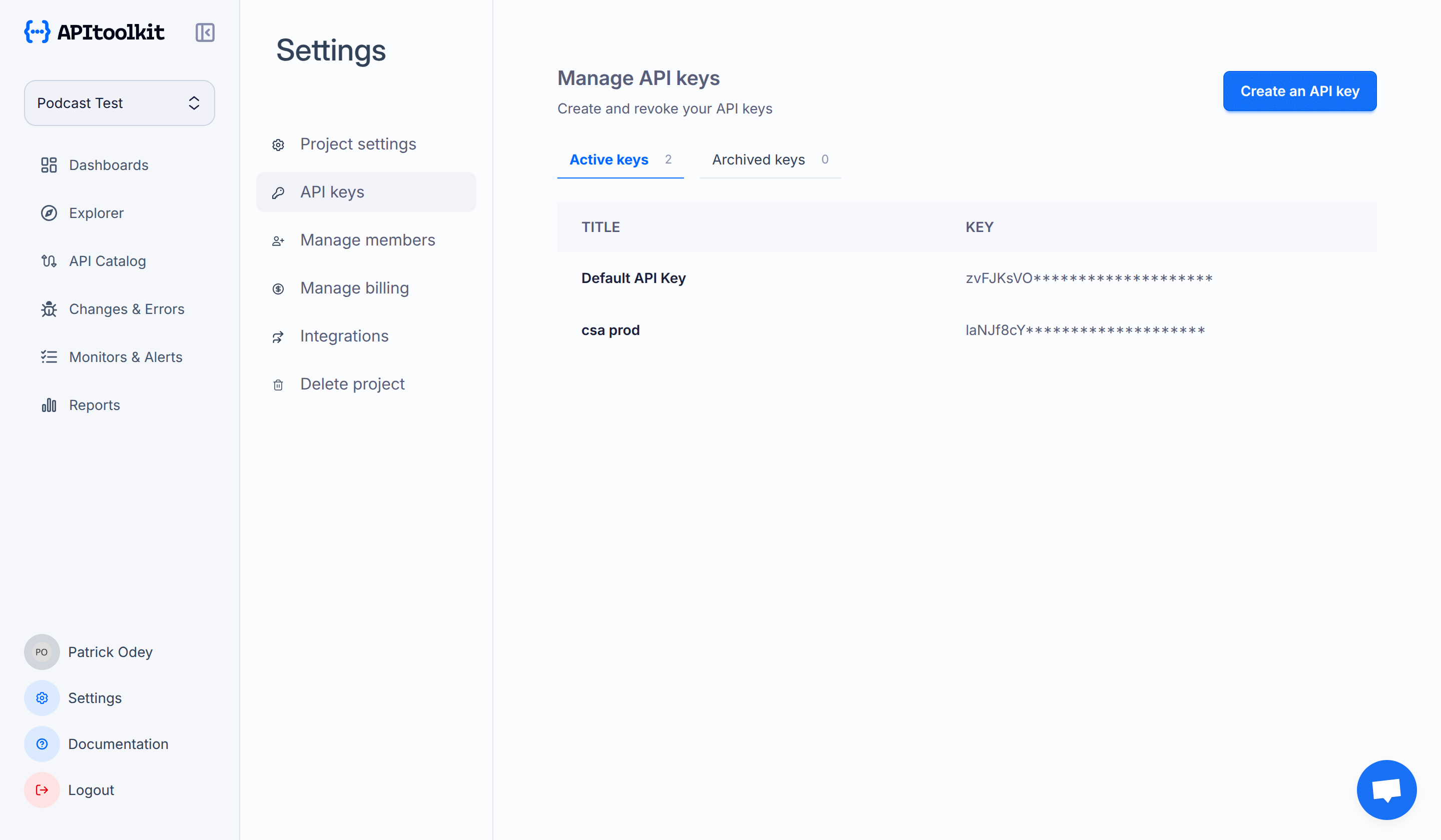 Screenshot of APItoolkit’s API keys page