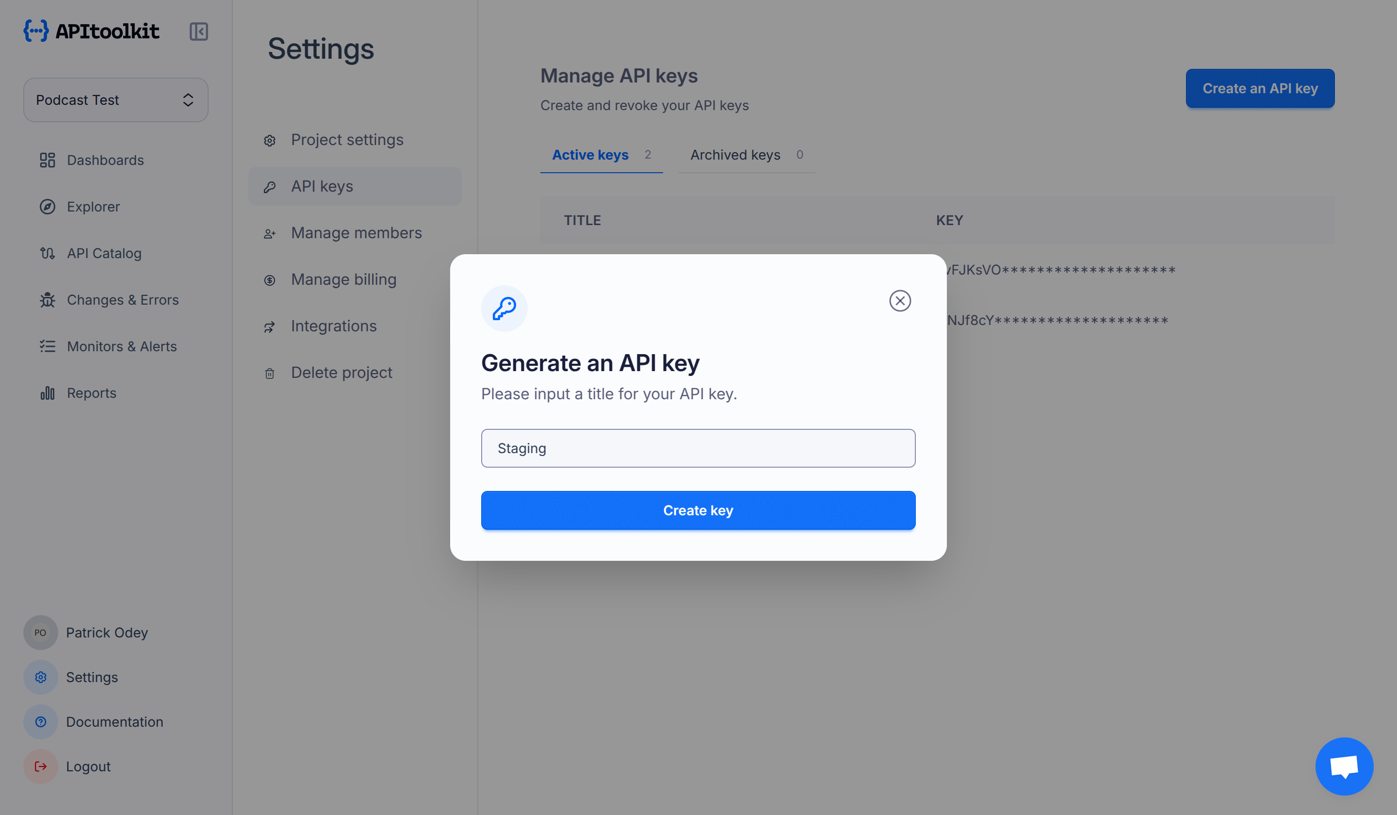 Screenshot of APItoolkit’s API keys page