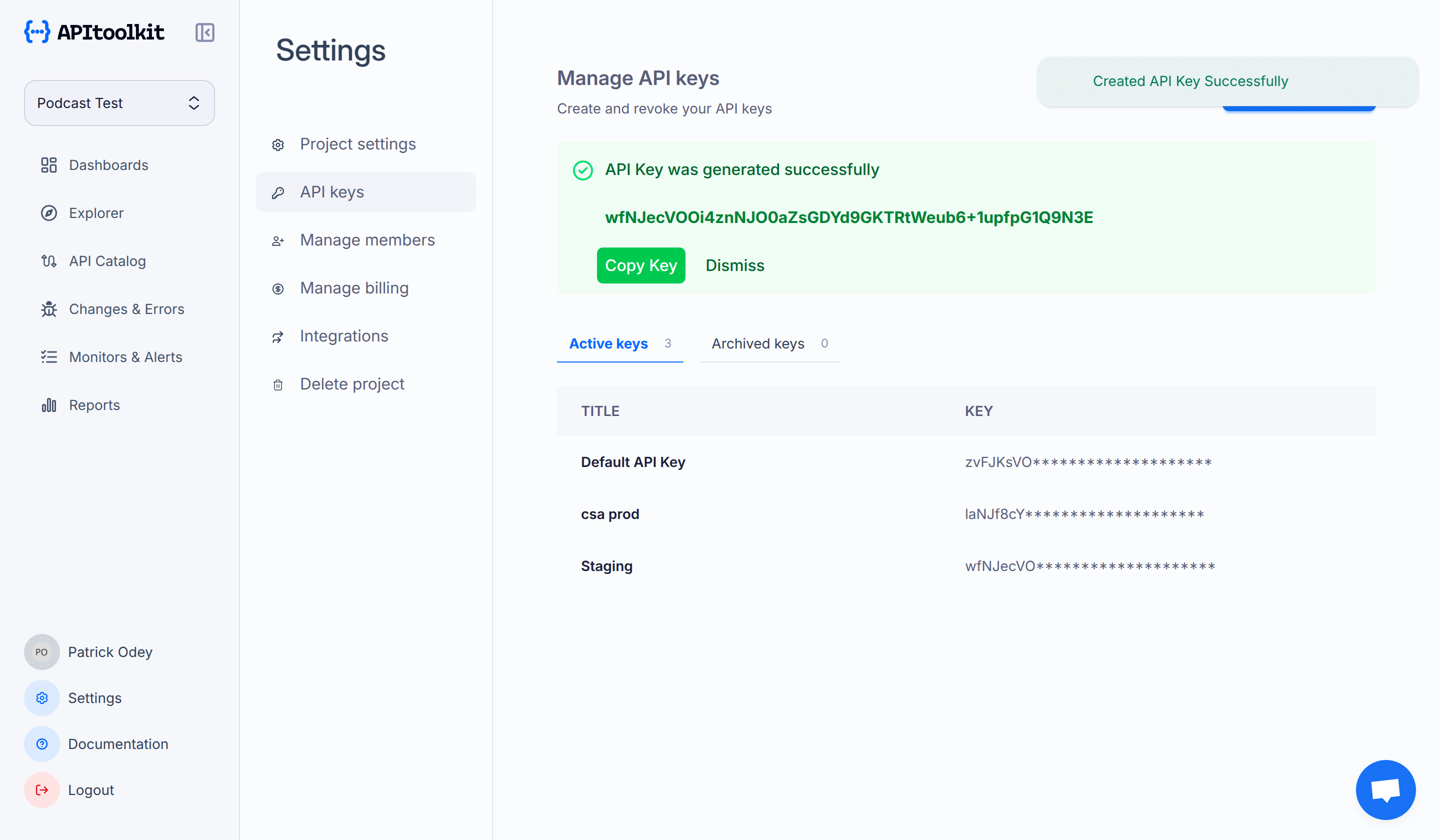 Screenshot of APItoolkit’s API keys page