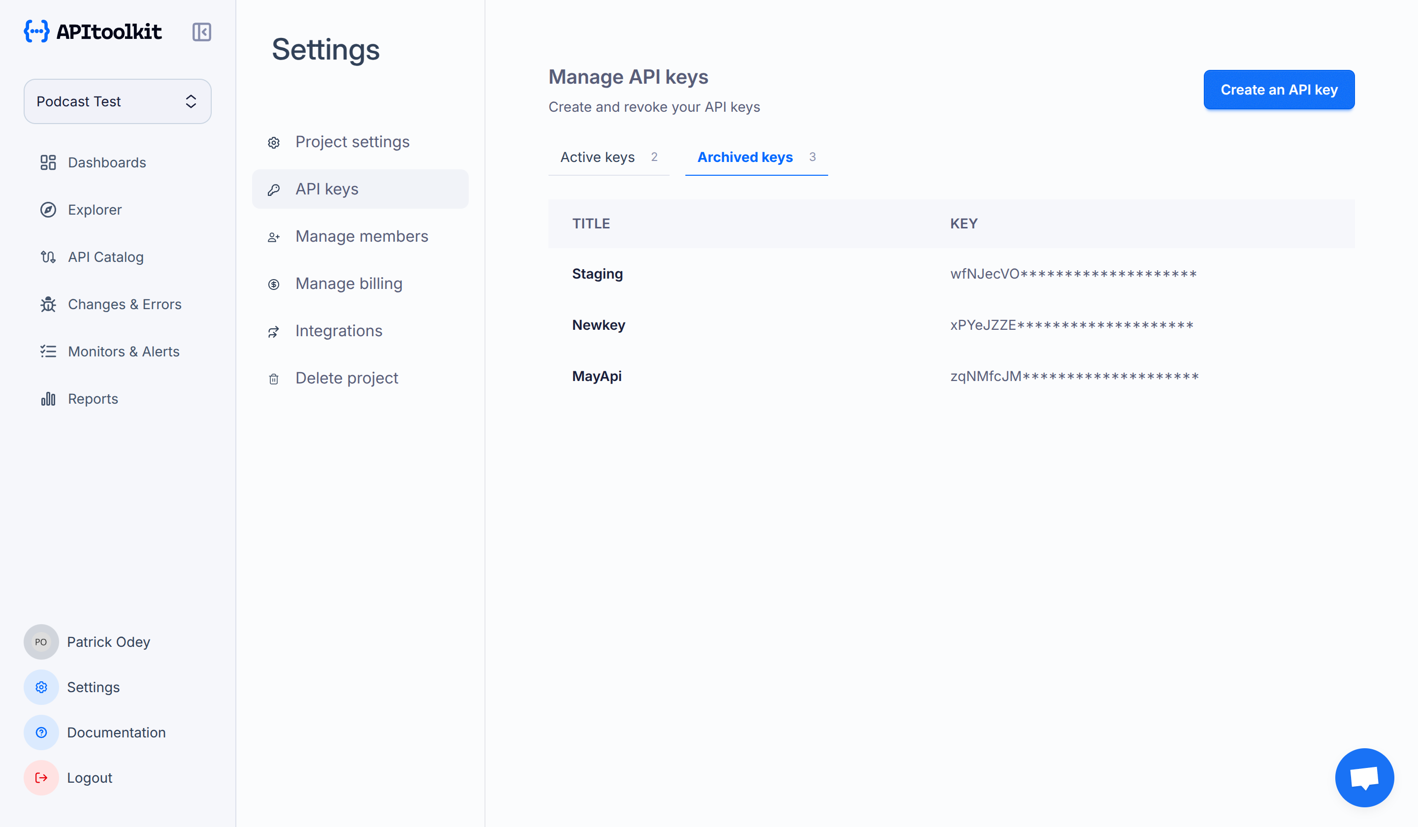Screenshot of APItoolkit’s API keys page