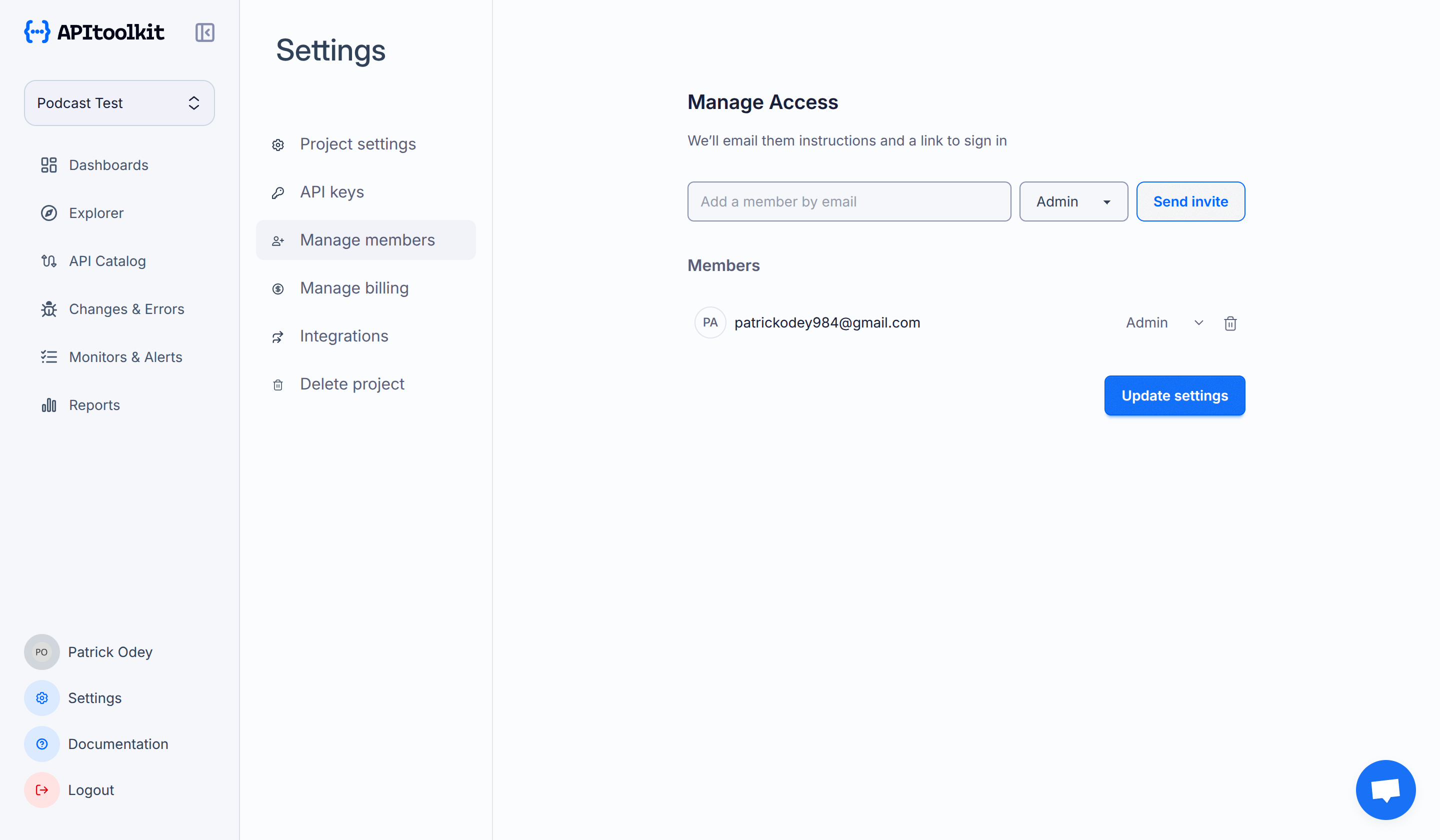 Screenshot of APItoolkit’s manage members page