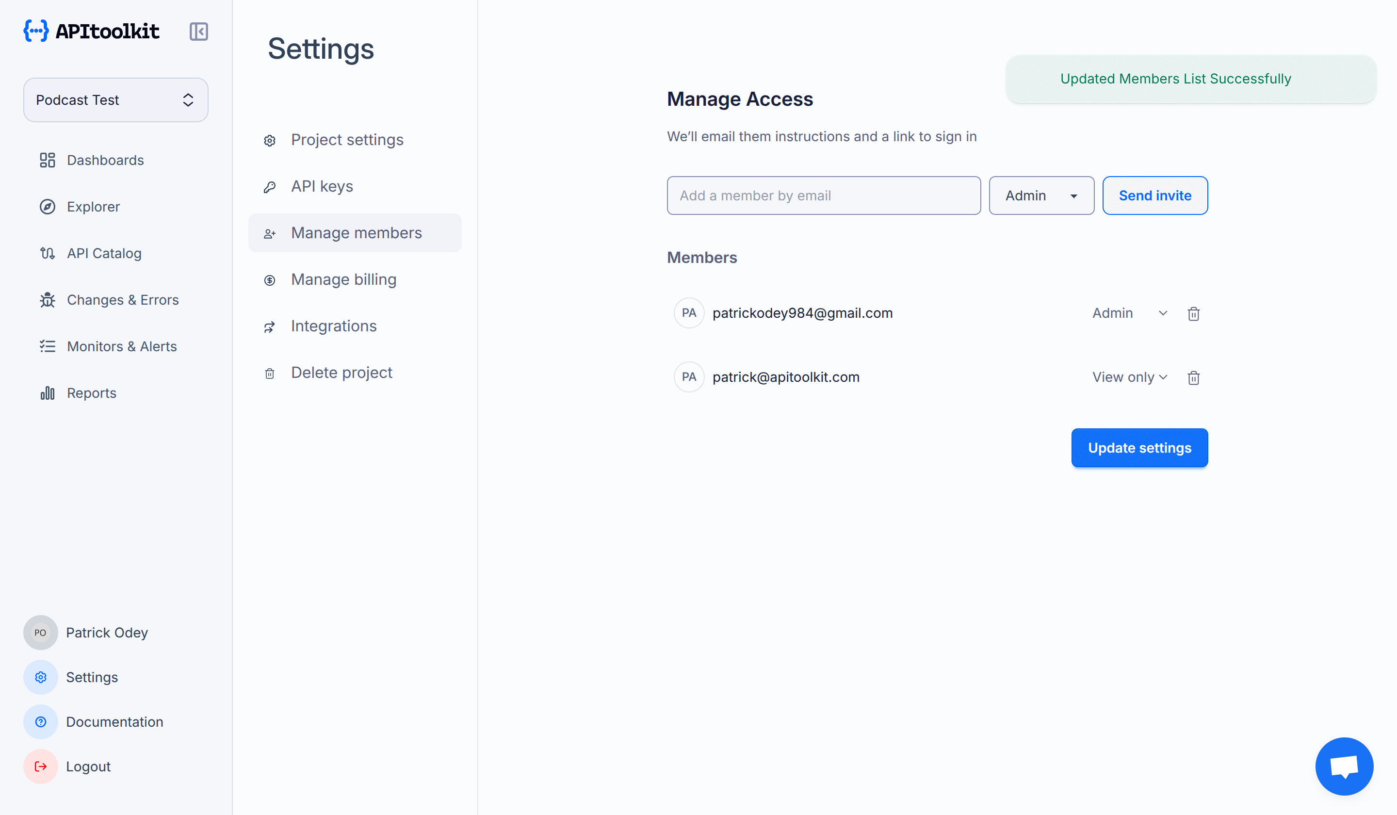 Screenshot of APItoolkit’s manage members page
