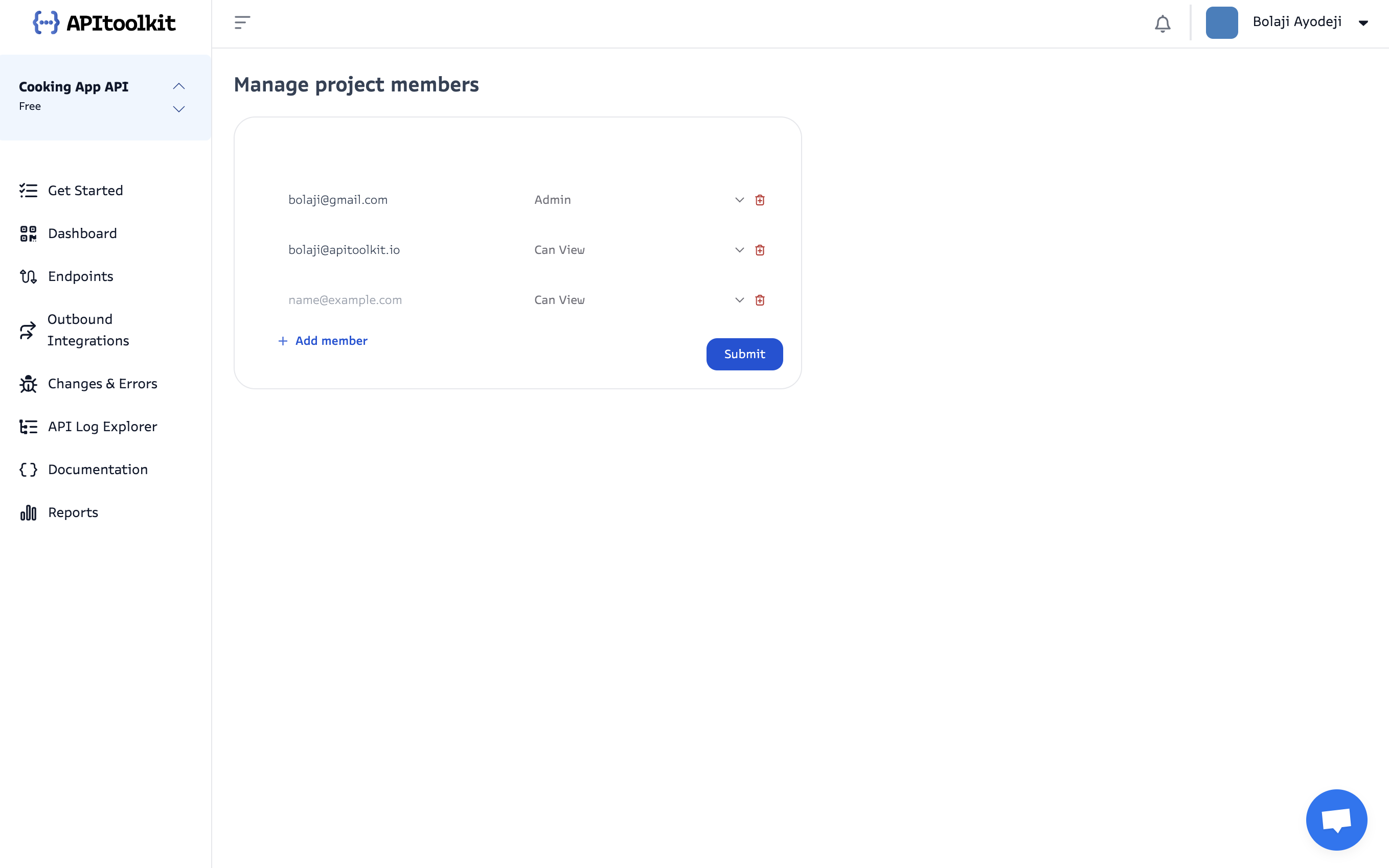 Screenshot of APItoolkit's manage members page