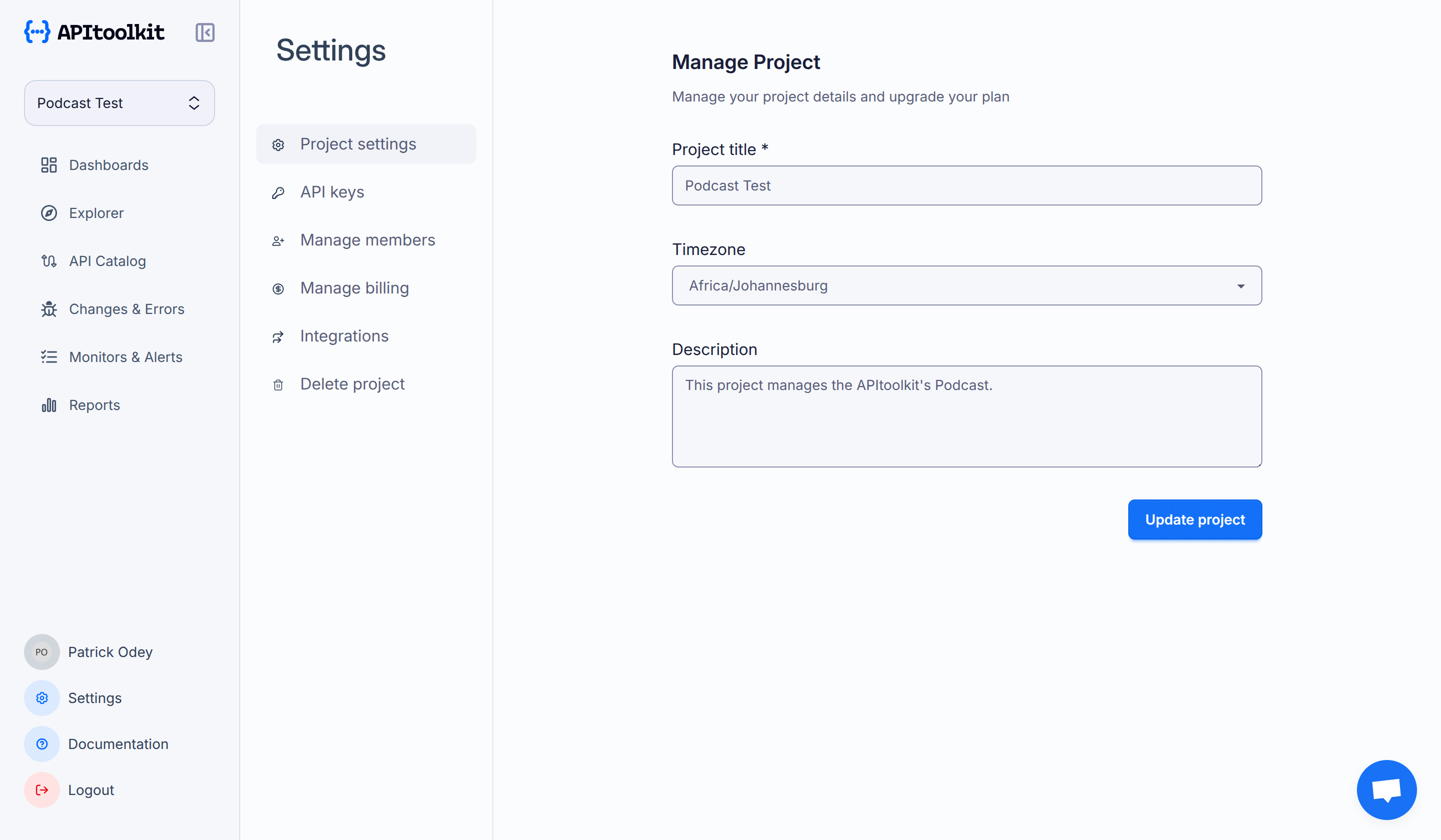 Screenshot of APItoolkit’s project settings page