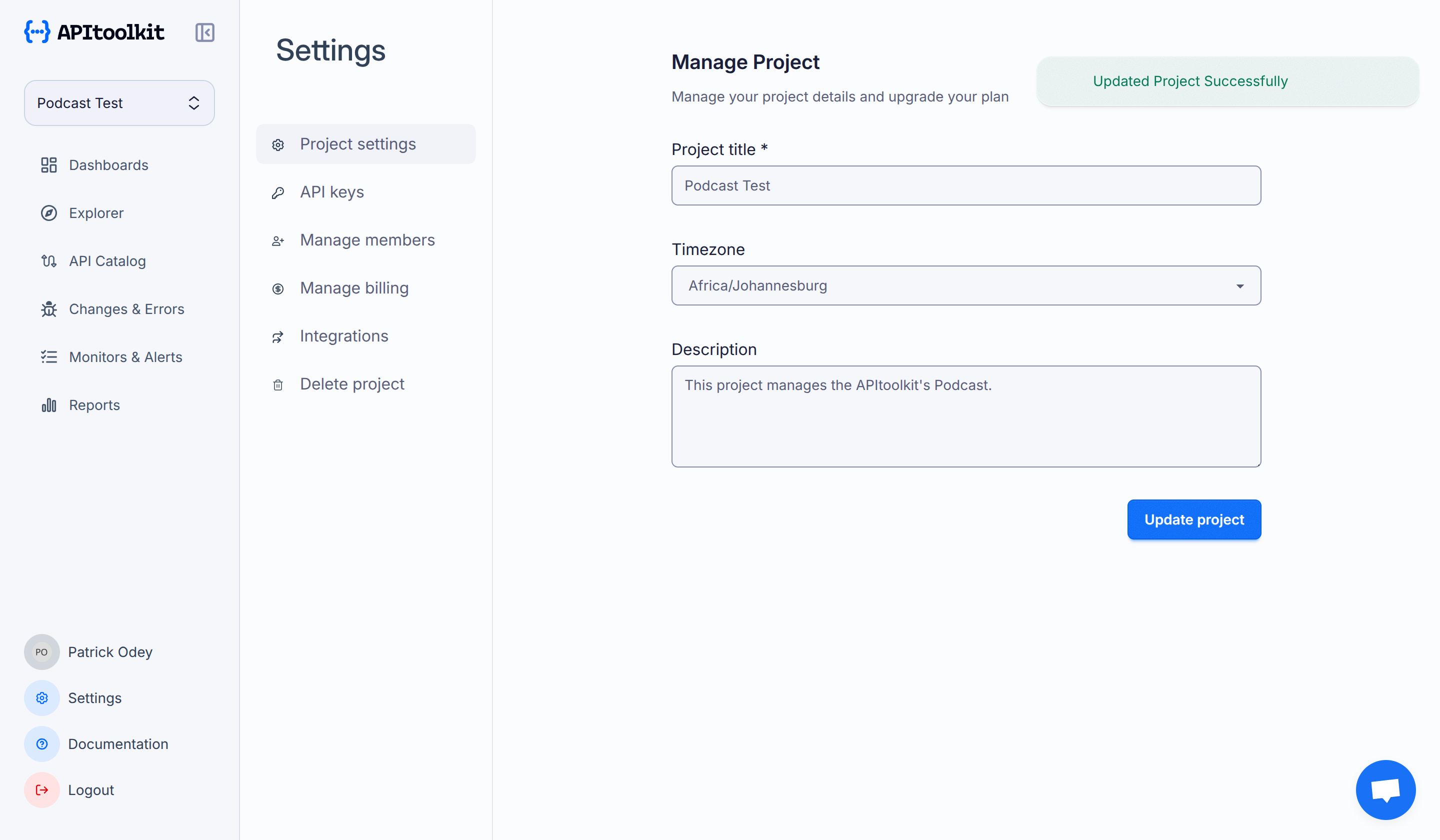 Screenshot of APItoolkit’s project settings page