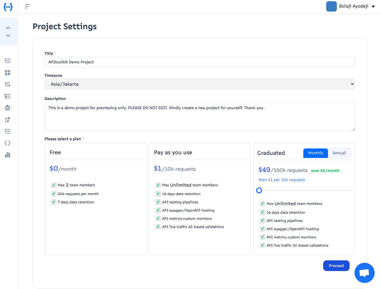 Screenshot of APItoolkit's project settings page