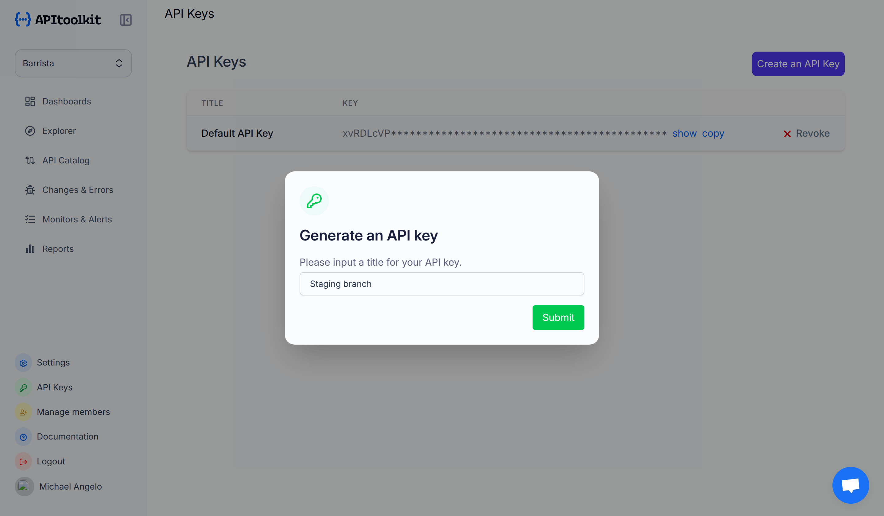 Screenshot of APItoolkit's API keys page